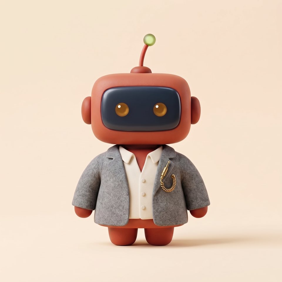 Switchboard, a small rust-colored robot in a grey jacket with a coiled phone cord pinned to the lapel